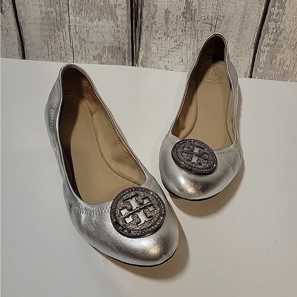 Tory Burch Metallic Silver Flats
